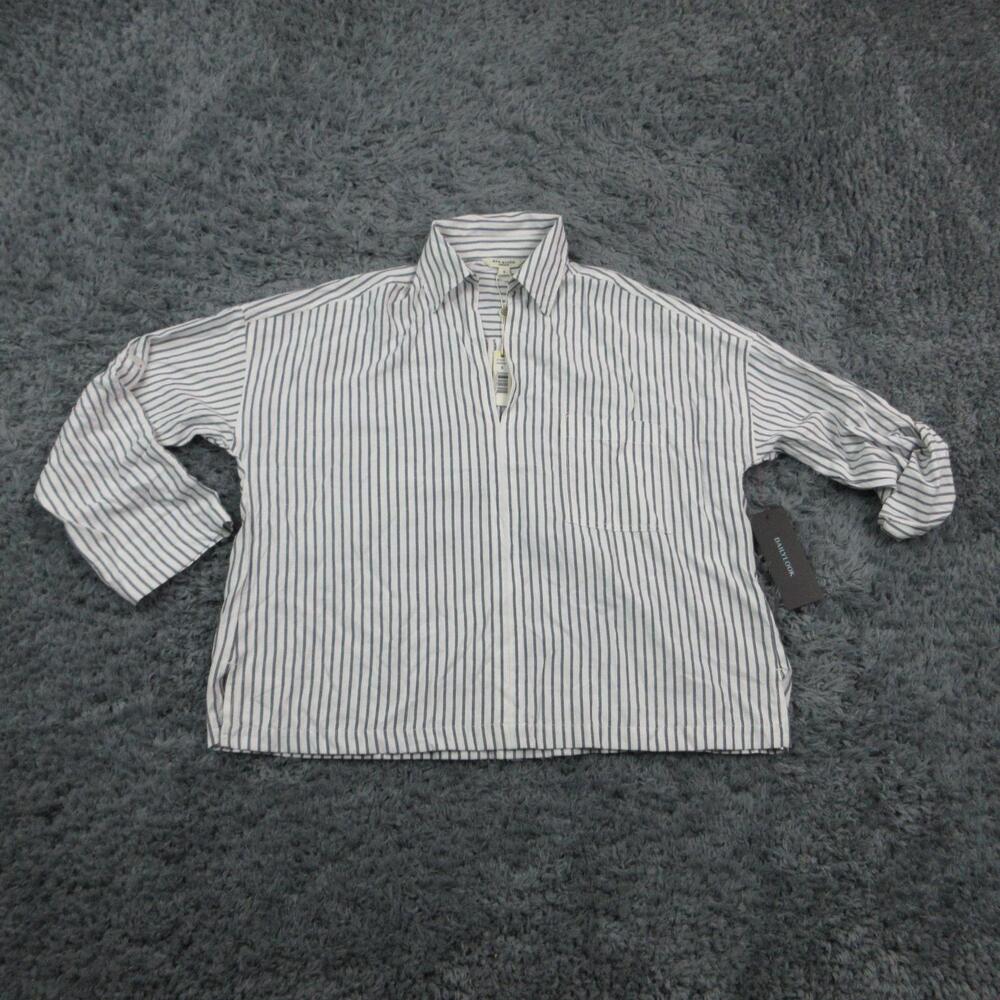 Max Studio Blouse Shirt Womens Small White Stripe 3/4 Sleeve Collared NWT